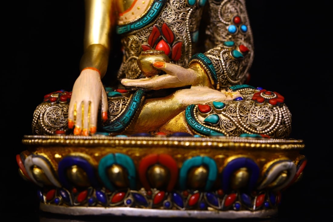 Tibetan Buddhism Gilt Gold Copper Inlay Turquoise & Gems Siddhartha Buddha Statue - 5
