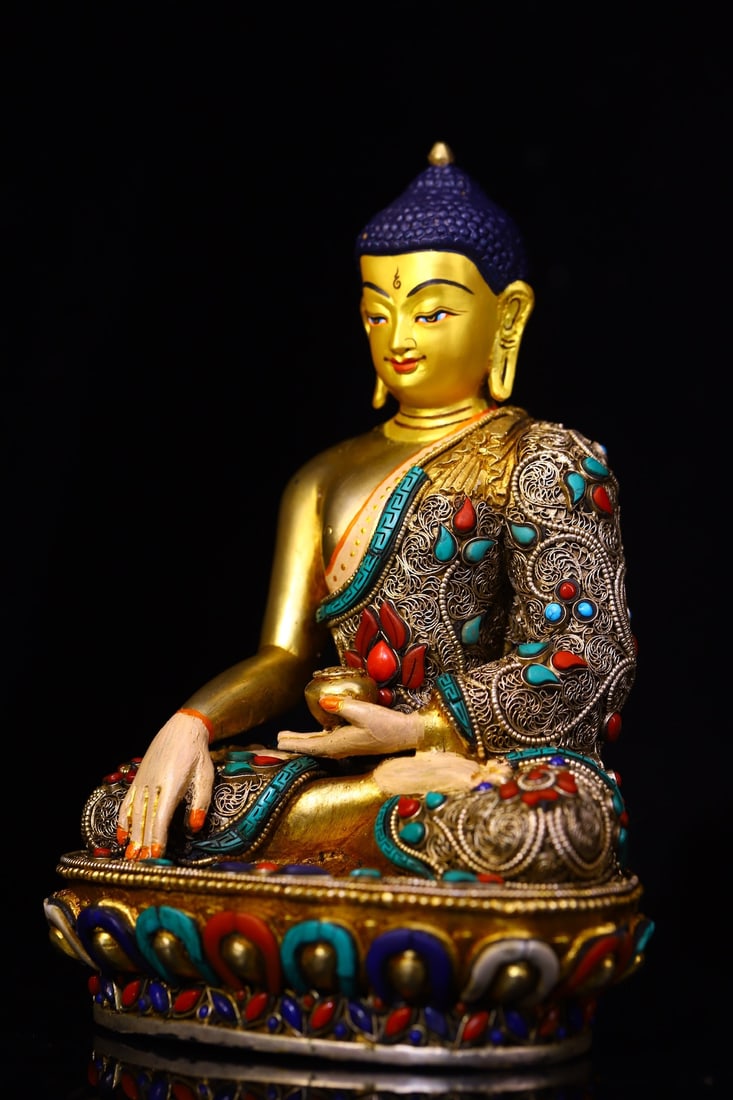 Tibetan Buddhism Gilt Gold Copper Inlay Turquoise & Gems Siddhartha Buddha Statue - 6