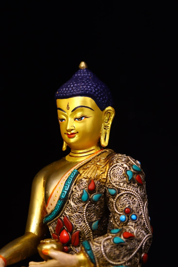Tibetan Buddhism Gilt Gold Copper Inlay Turquoise & Gems Siddhartha Buddha Statue - 8