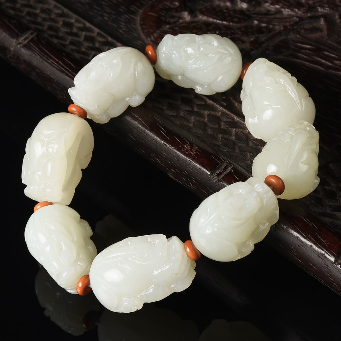 Chinese Hetian Jade Carved Fortune Pixiu Beads Bracelet w Certificate (1 of 7)