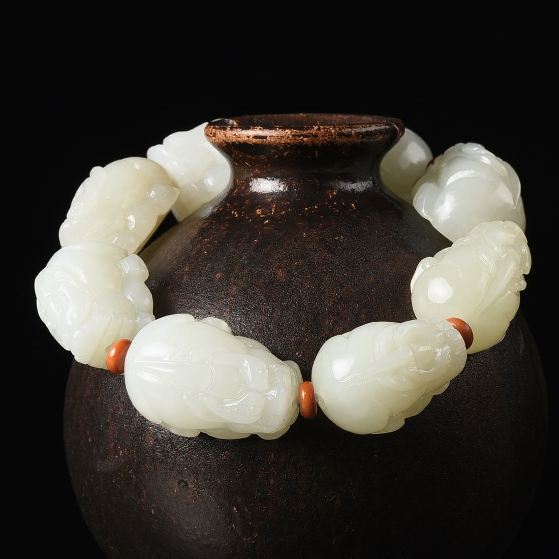 Chinese Hetian Jade Carved Fortune Pixiu Beads Bracelet w Certificate - 3