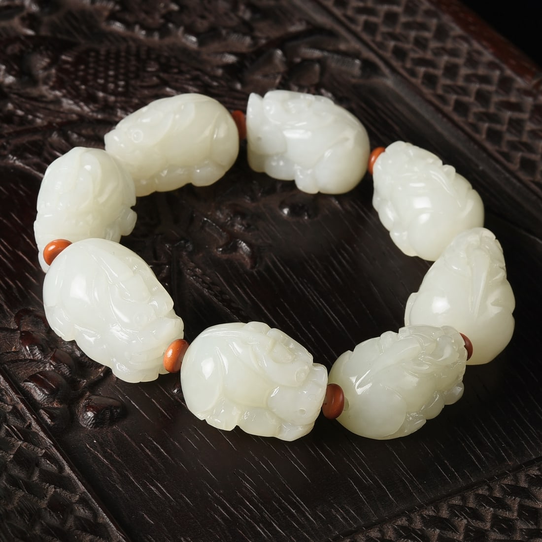 Chinese Hetian Jade Carved Fortune Pixiu Beads Bracelet w Certificate - 4