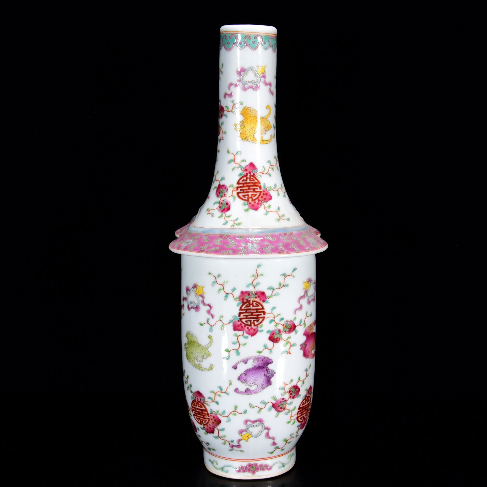 Chinese Qing Dynasty Famille Rose Fortune Bat Design Conjoined Porcelain Vase - 2