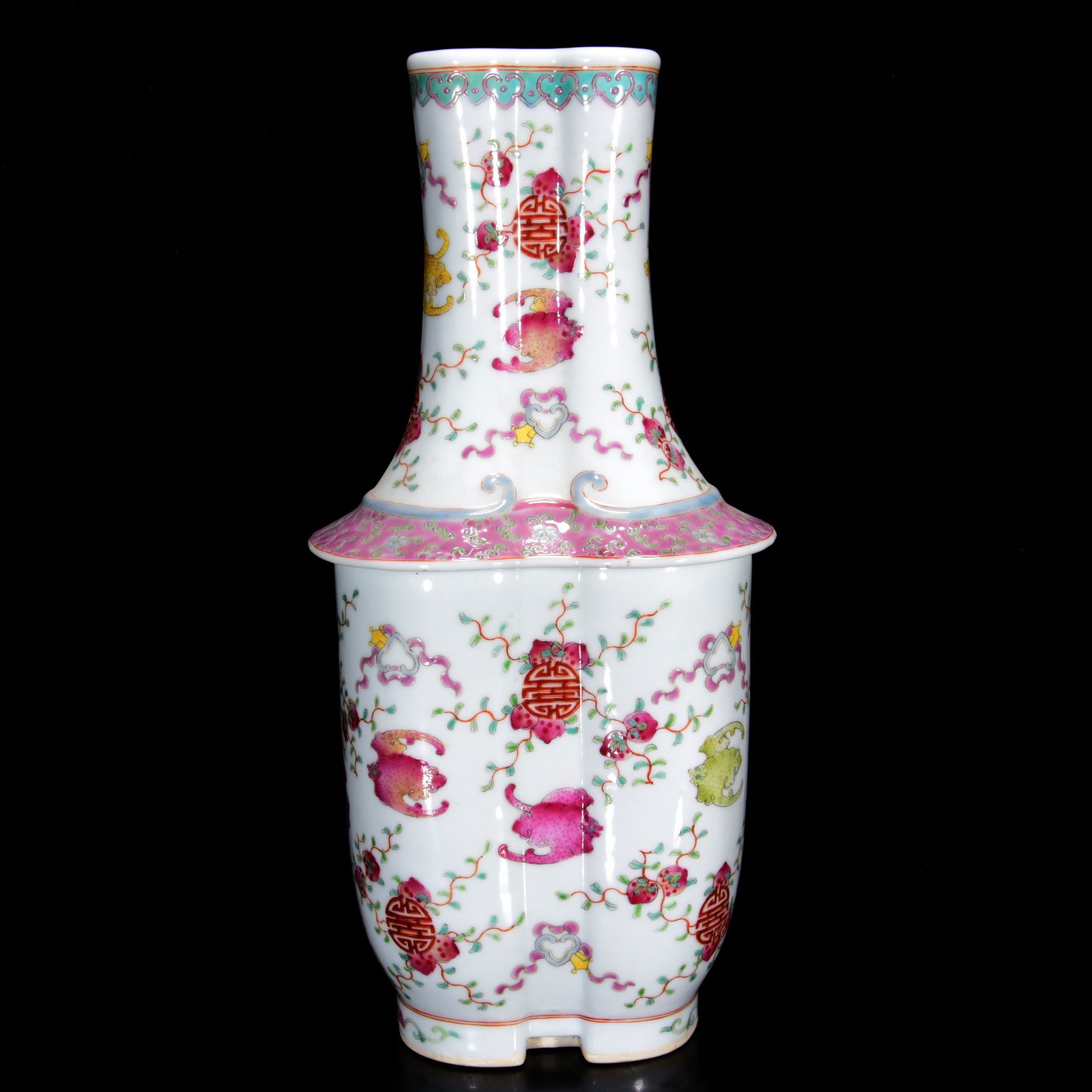 Chinese Qing Dynasty Famille Rose Fortune Bat Design Conjoined Porcelain Vase - 3
