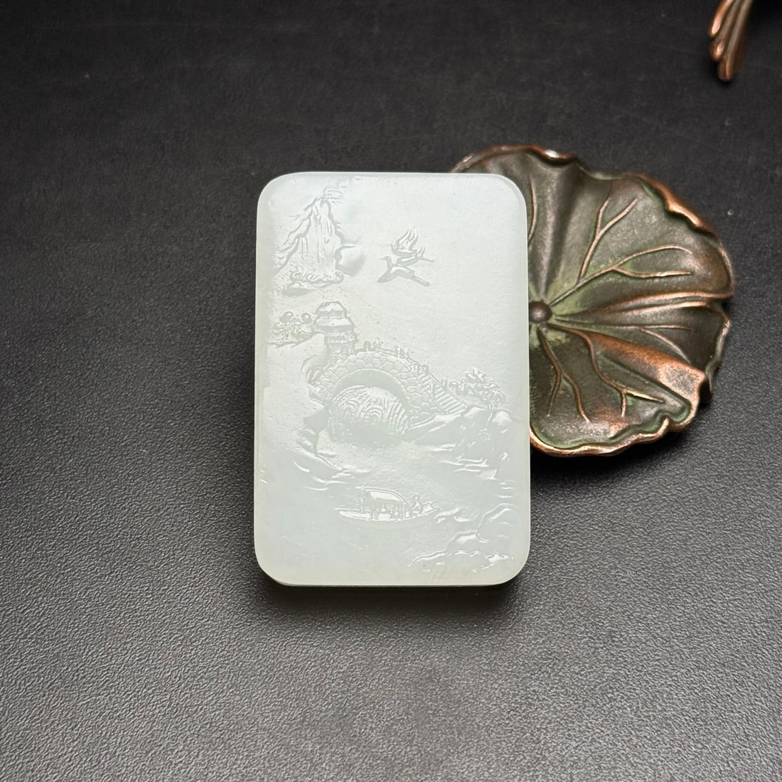 Chinese Hetian Jade Low Relief Mountain River Scene Pendant - 2