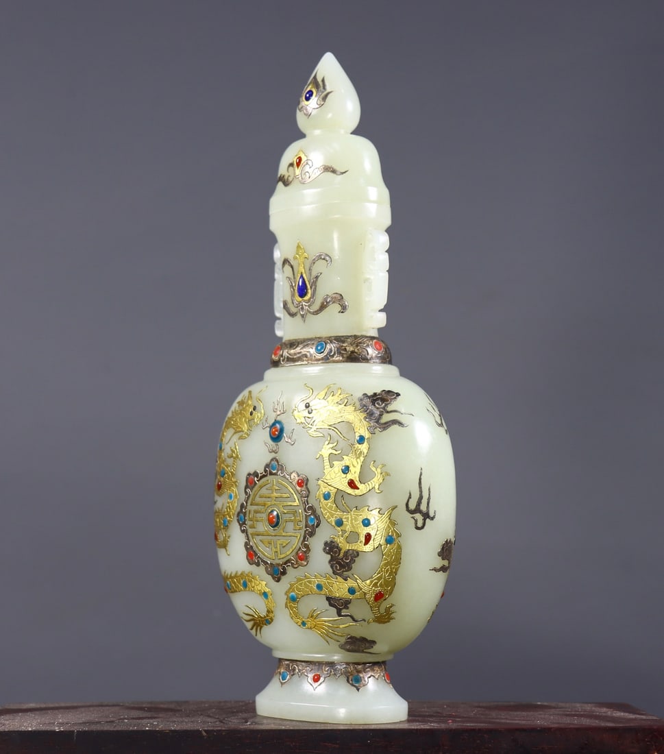 Chinese Gilt Gold Silver Inlay Hetian Jade Fortune Dragon Vase - 2