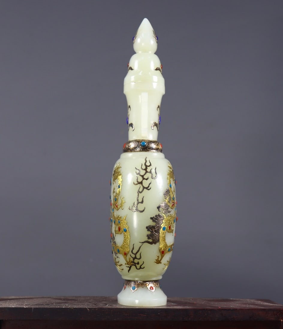 Chinese Gilt Gold Silver Inlay Hetian Jade Fortune Dragon Vase - 3