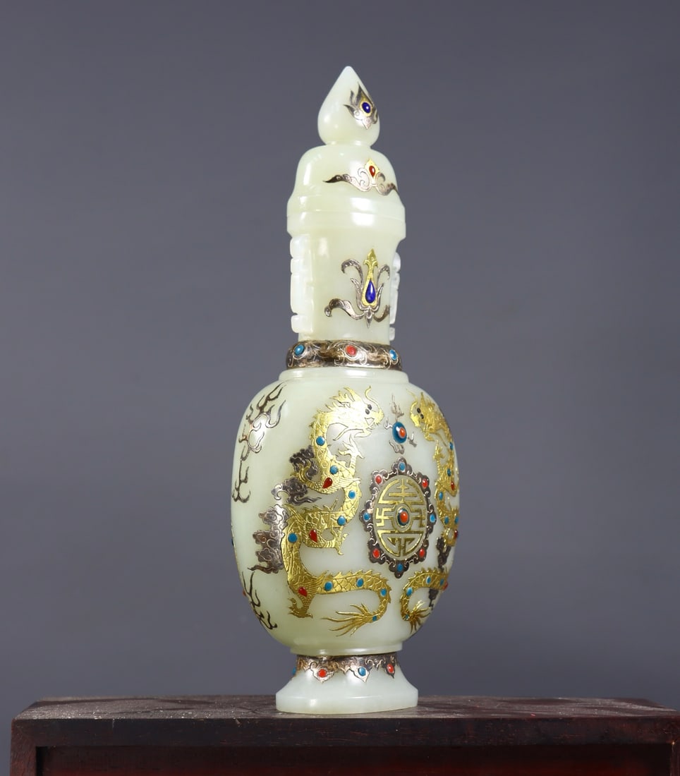 Chinese Gilt Gold Silver Inlay Hetian Jade Fortune Dragon Vase - 4