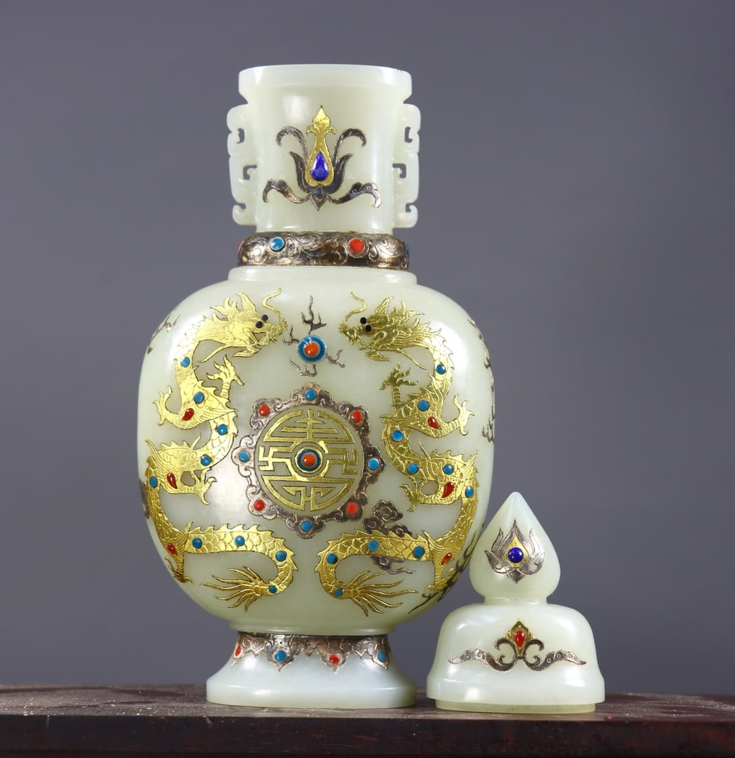 Chinese Gilt Gold Silver Inlay Hetian Jade Fortune Dragon Vase - 5