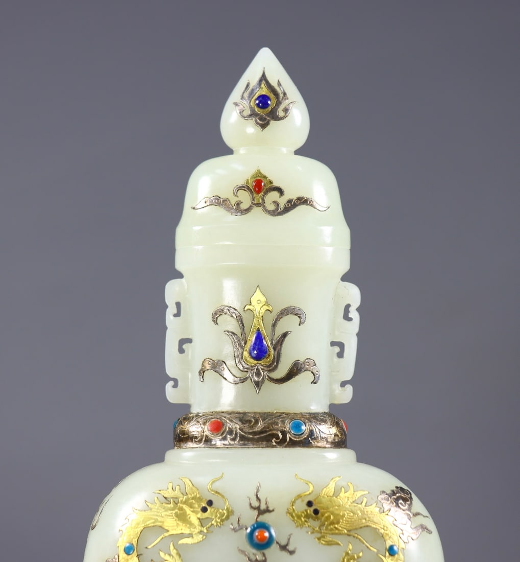 Chinese Gilt Gold Silver Inlay Hetian Jade Fortune Dragon Vase - 7