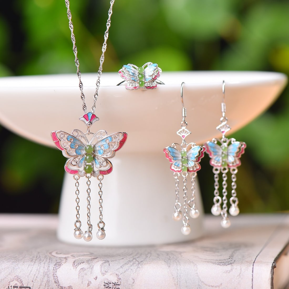 A Set Chinese 925 Silver Enamel Inlay Hetian Jade Pendant & Earrings & Ring (1 of 6)