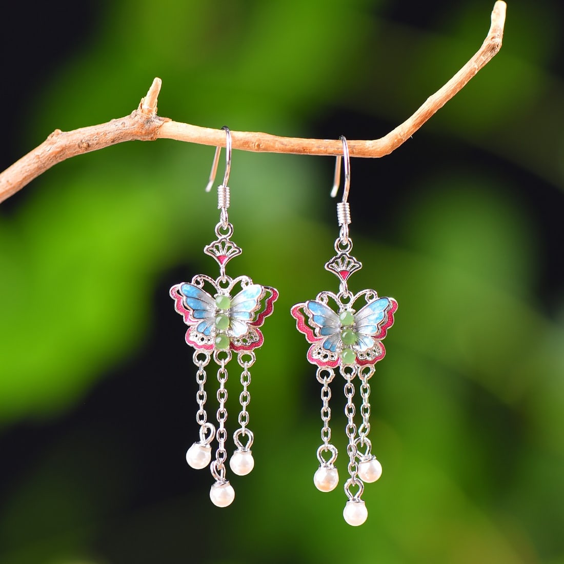 A Set Chinese 925 Silver Enamel Inlay Hetian Jade Pendant & Earrings & Ring - 3