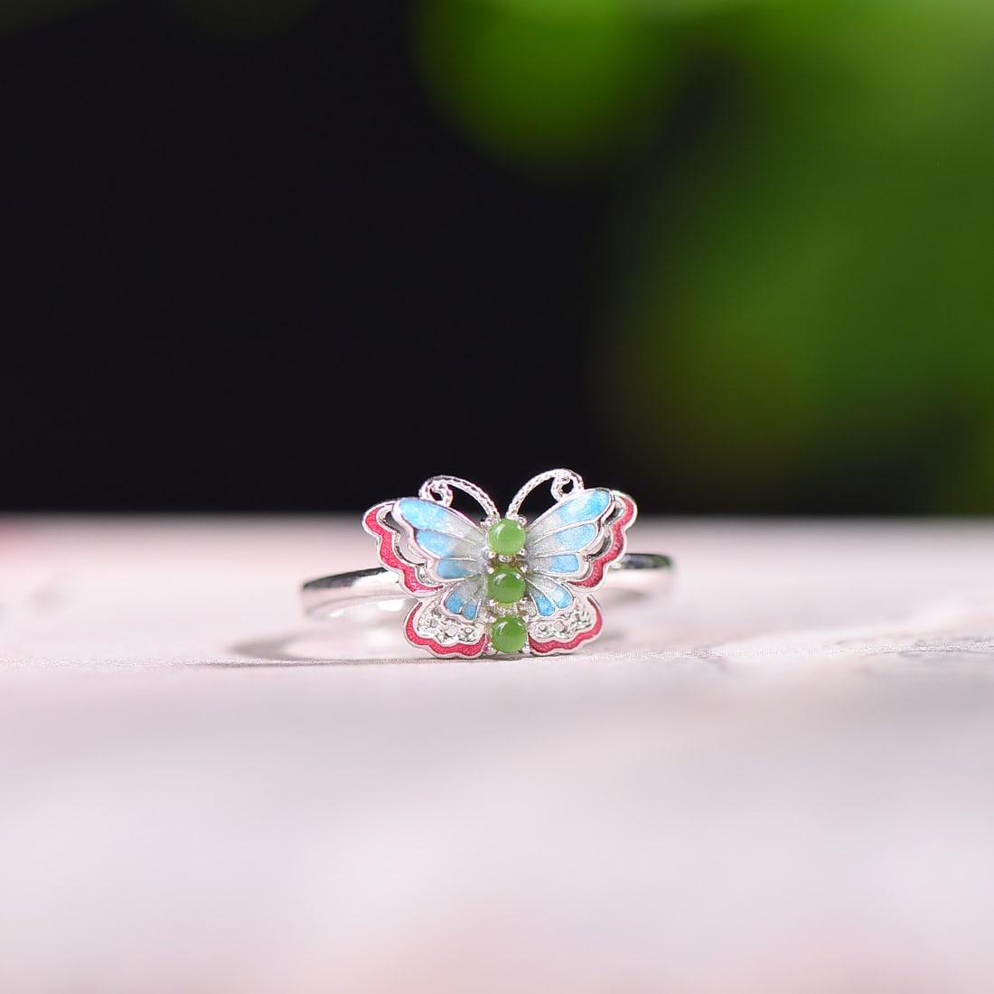 A Set Chinese 925 Silver Enamel Inlay Hetian Jade Pendant & Earrings & Ring - 4