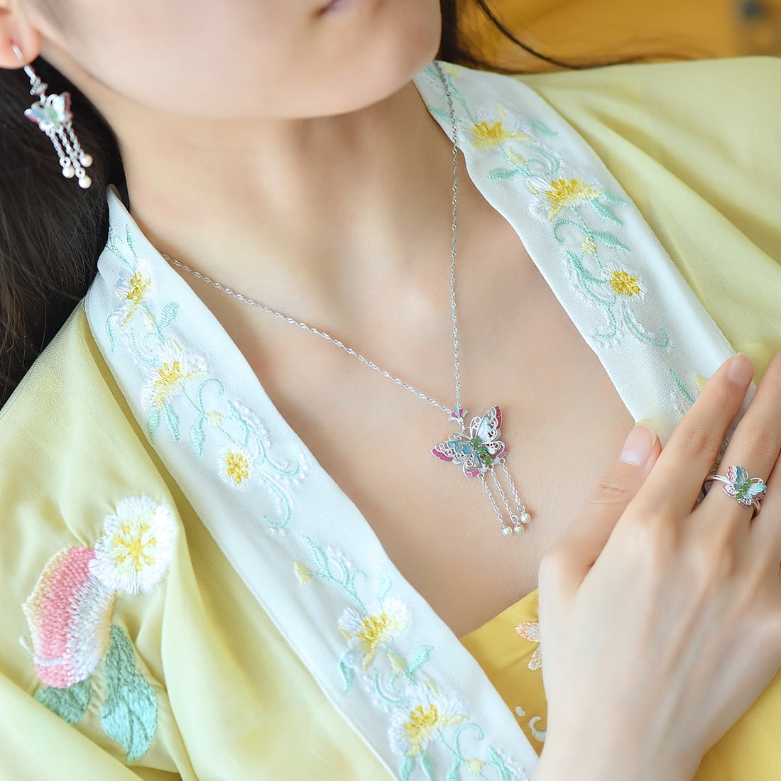 A Set Chinese 925 Silver Enamel Inlay Hetian Jade Pendant & Earrings & Ring - 6