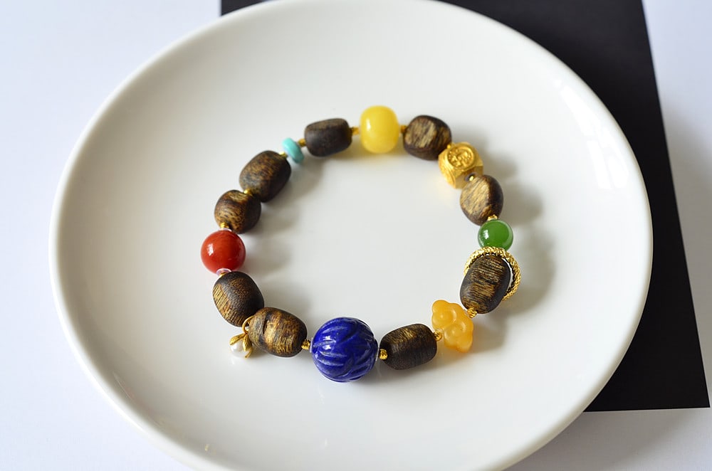 Hand Woven Chenxiang Wood & Lapis Lazuli & Beeswax & Nanhong Agate & Green Hetian Jade Bead Bracelet (1 of 9)