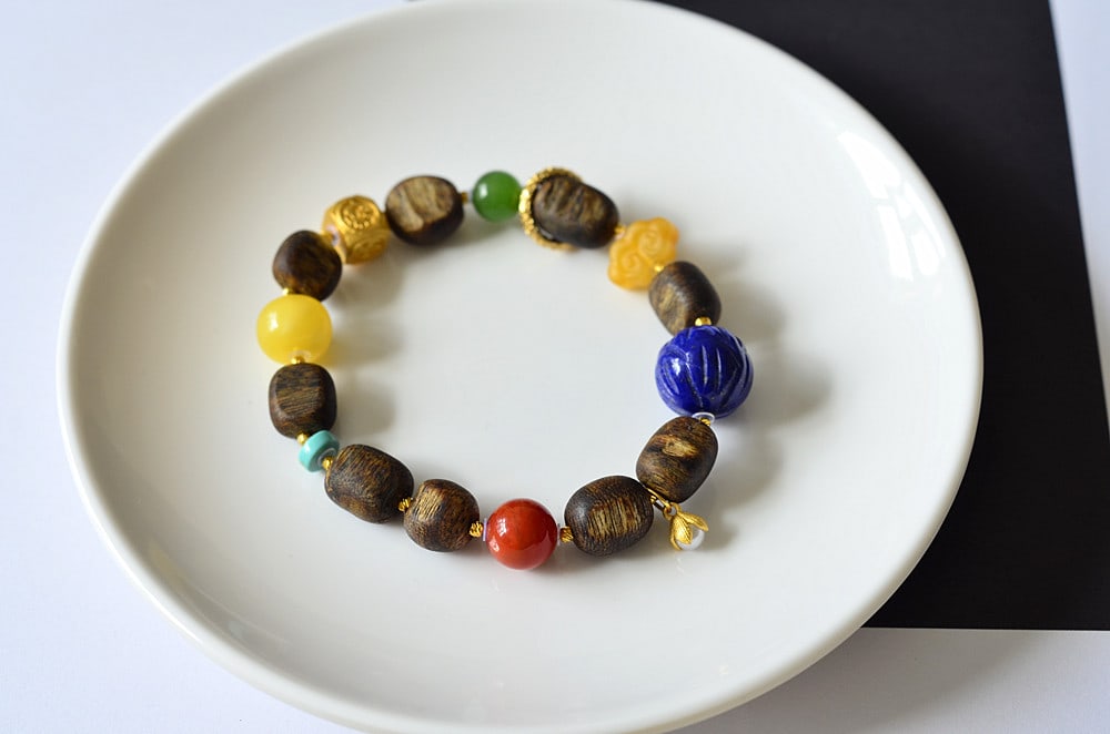 Hand Woven Chenxiang Wood & Lapis Lazuli & Beeswax & Nanhong Agate & Green Hetian Jade Bead Bracelet - 4