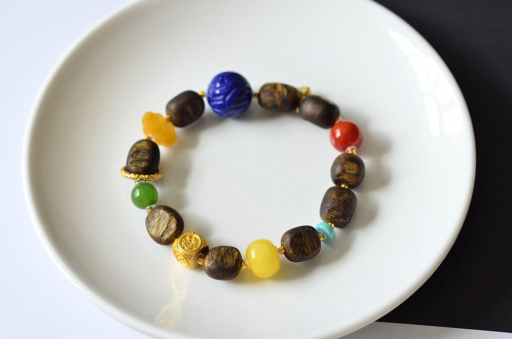 Hand Woven Chenxiang Wood & Lapis Lazuli & Beeswax & Nanhong Agate & Green Hetian Jade Bead Bracelet - 5