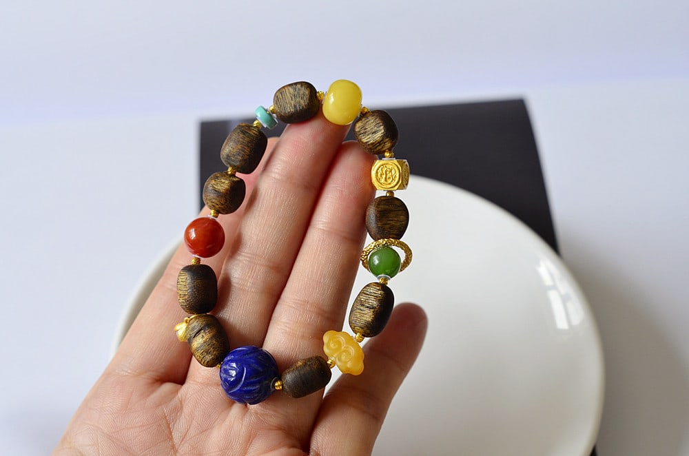 Hand Woven Chenxiang Wood & Lapis Lazuli & Beeswax & Nanhong Agate & Green Hetian Jade Bead Bracelet - 6