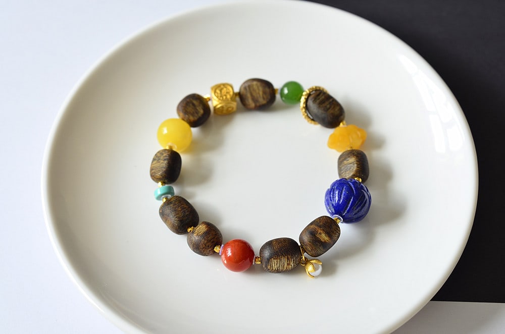 Hand Woven Chenxiang Wood & Lapis Lazuli & Beeswax & Nanhong Agate & Green Hetian Jade Bead Bracelet - 7
