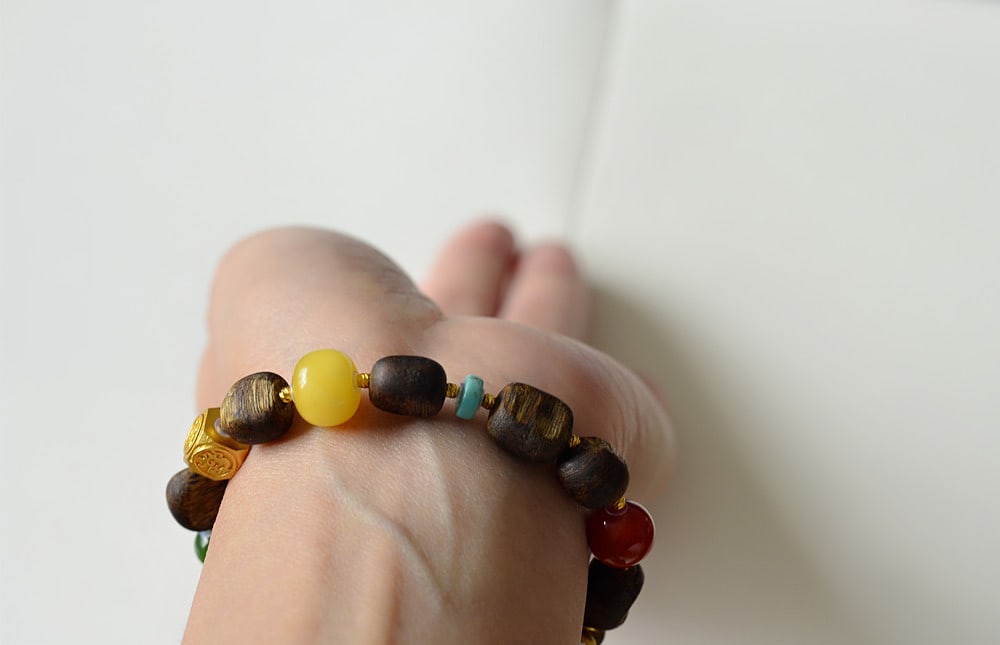 Hand Woven Chenxiang Wood & Lapis Lazuli & Beeswax & Nanhong Agate & Green Hetian Jade Bead Bracelet - 9