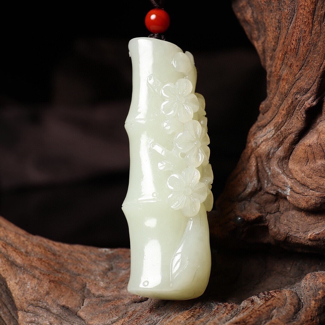 Chinese Hetian Jade Carved Fortune Bamboo Pendant w Certificate (1 of 6)