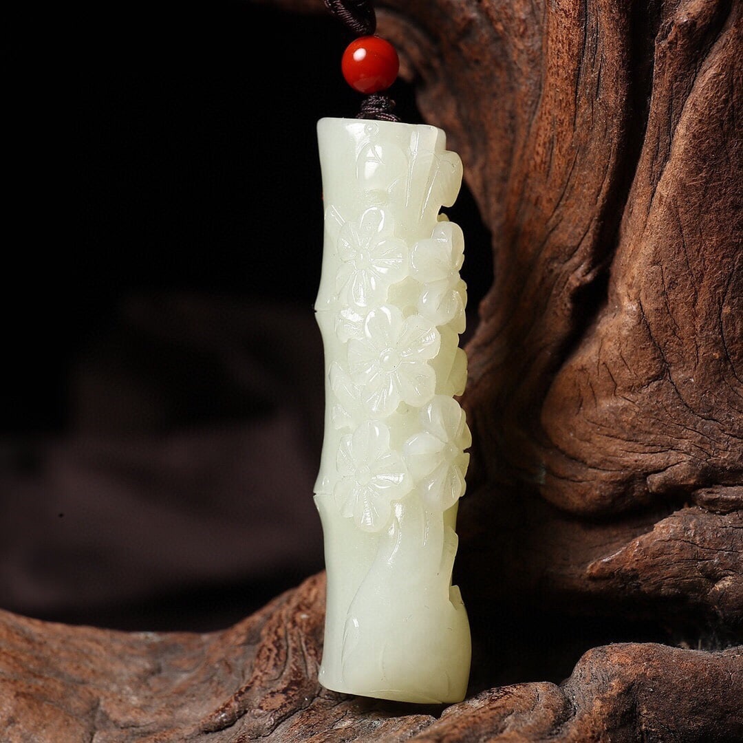 Chinese Hetian Jade Carved Fortune Bamboo Pendant w Certificate - 2