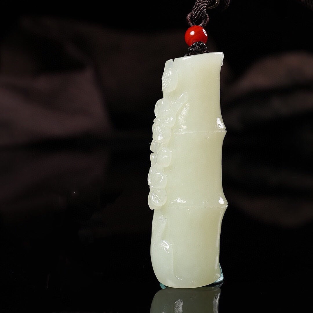 Chinese Hetian Jade Carved Fortune Bamboo Pendant w Certificate - 4