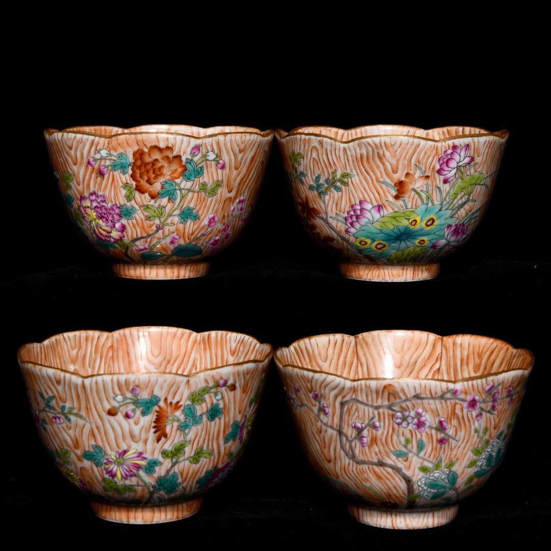 A Set Four Chinese Wood Grain Glaze Flower Design Porcelain Bowl (1 of 9)