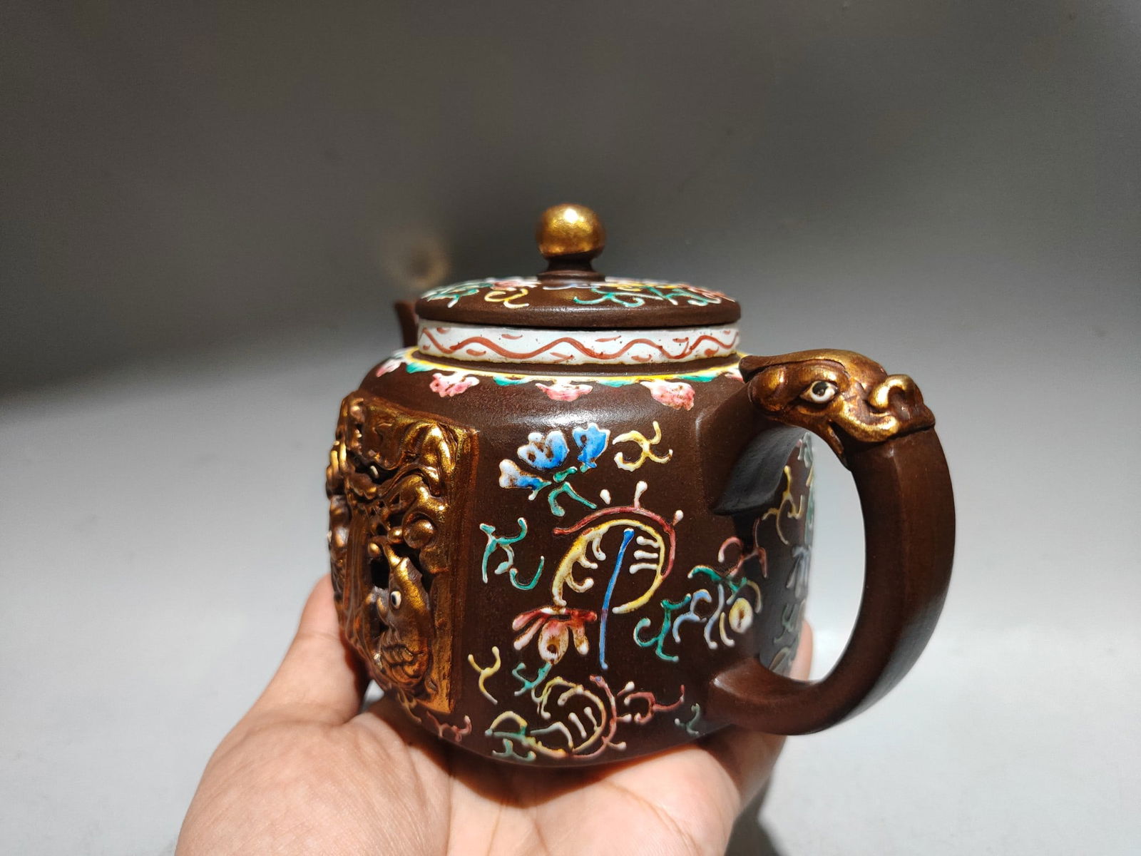 Hand Drawn Chinese Gilt Gold Yixing Zisha Clay Dragon Teapot - 3