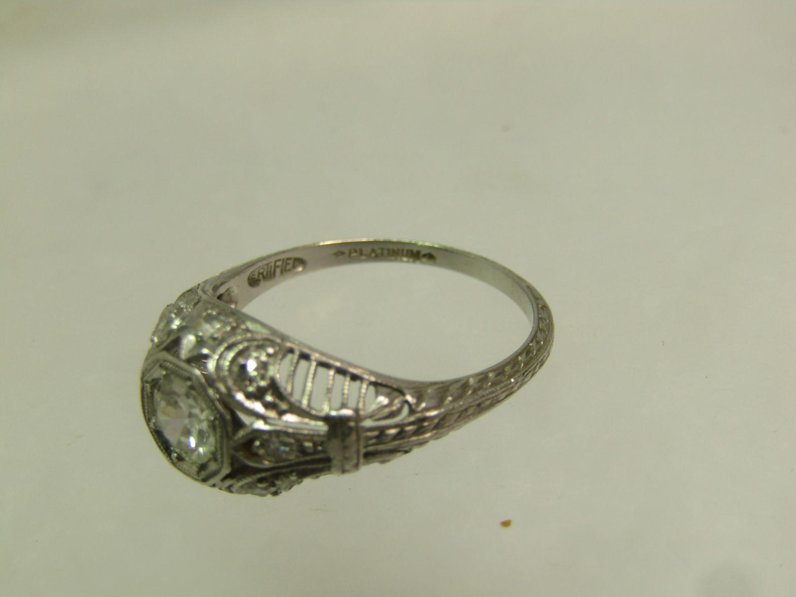 Vintage Platinum Diamond Art Deco Ring, Sz. 6.25, Certified - 6