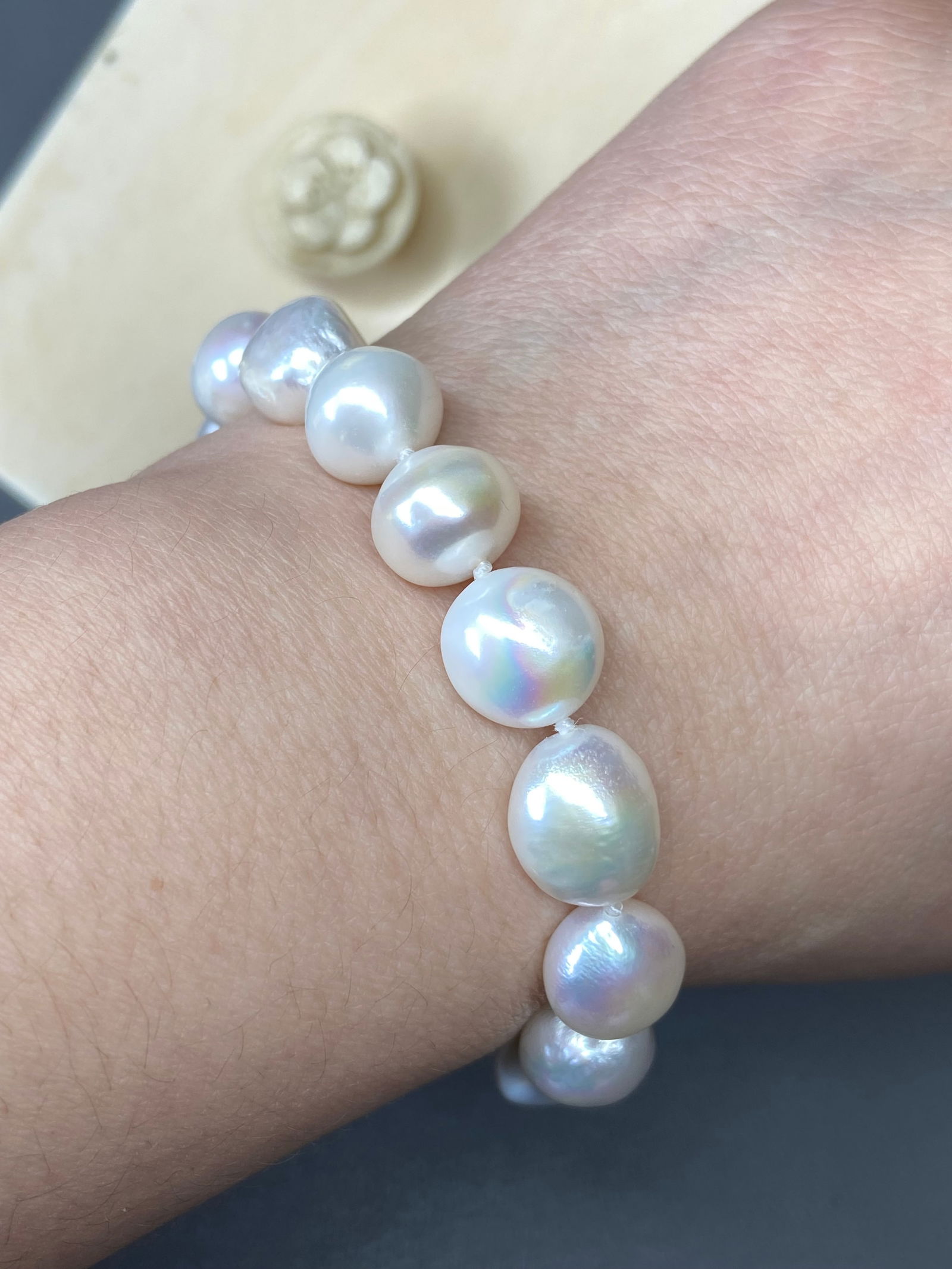 12mm South Sea Large Natural White Iridescent Baroque Pearl Bracelet - 7