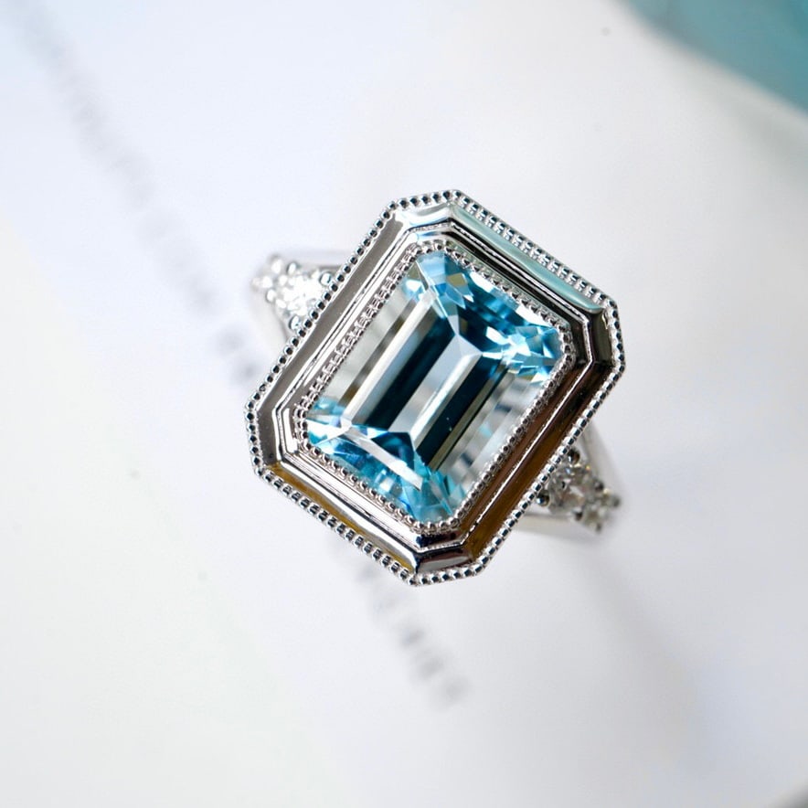 14K GOLD 2.3 CT NATURAL AQUAMARINE & DIAMOND RING - 2