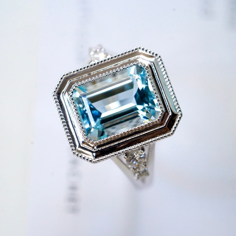 14K GOLD 2.3 CT NATURAL AQUAMARINE & DIAMOND RING - 4