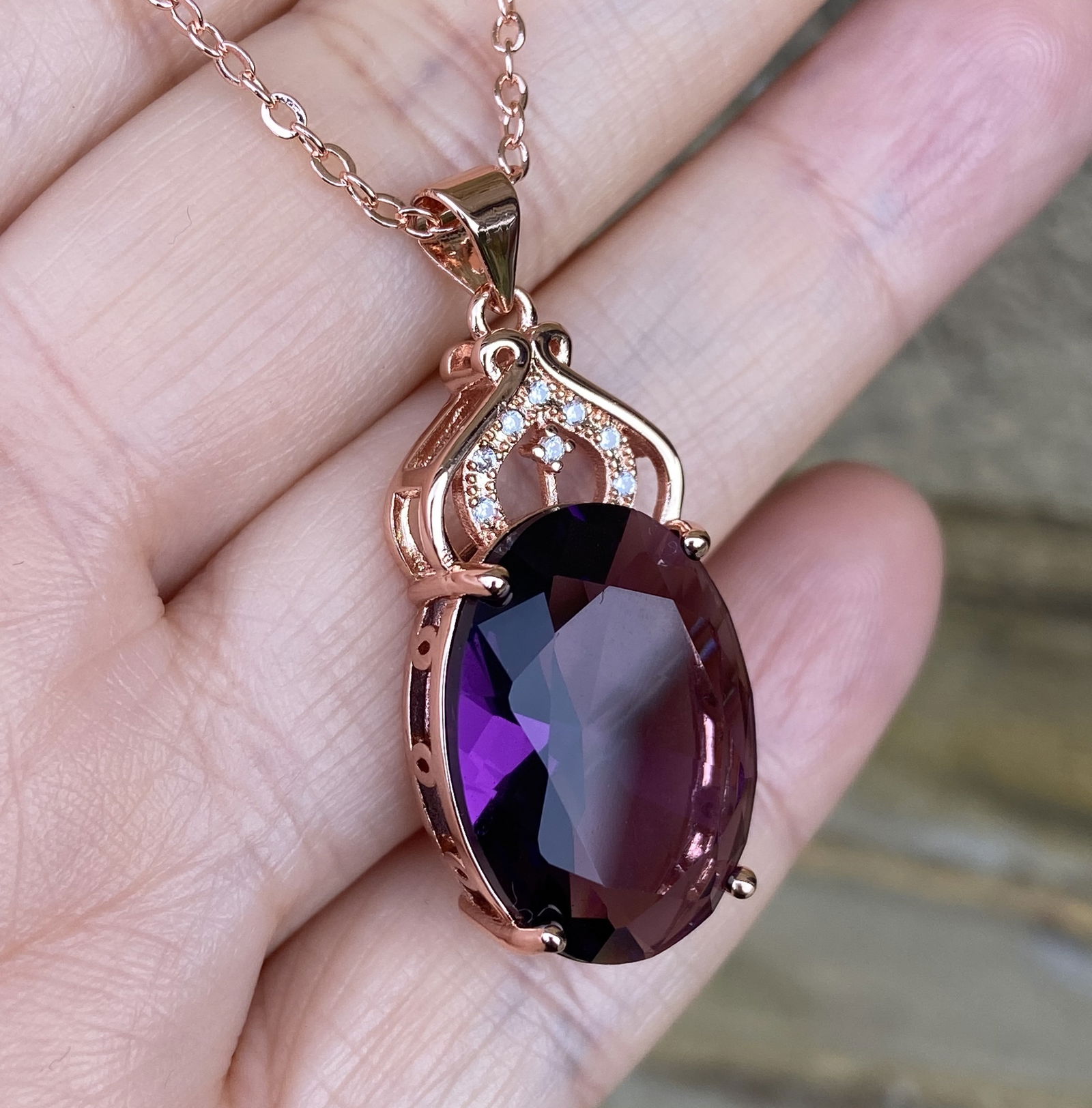 18k Rose Gold plated Gemstone Amethyst inlaid Moissanite Pendant Necklace - 3