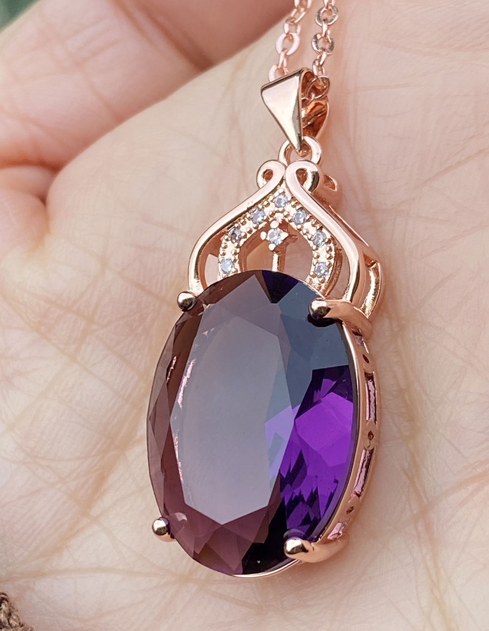 18k Rose Gold plated Gemstone Amethyst inlaid Moissanite Pendant Necklace - 4