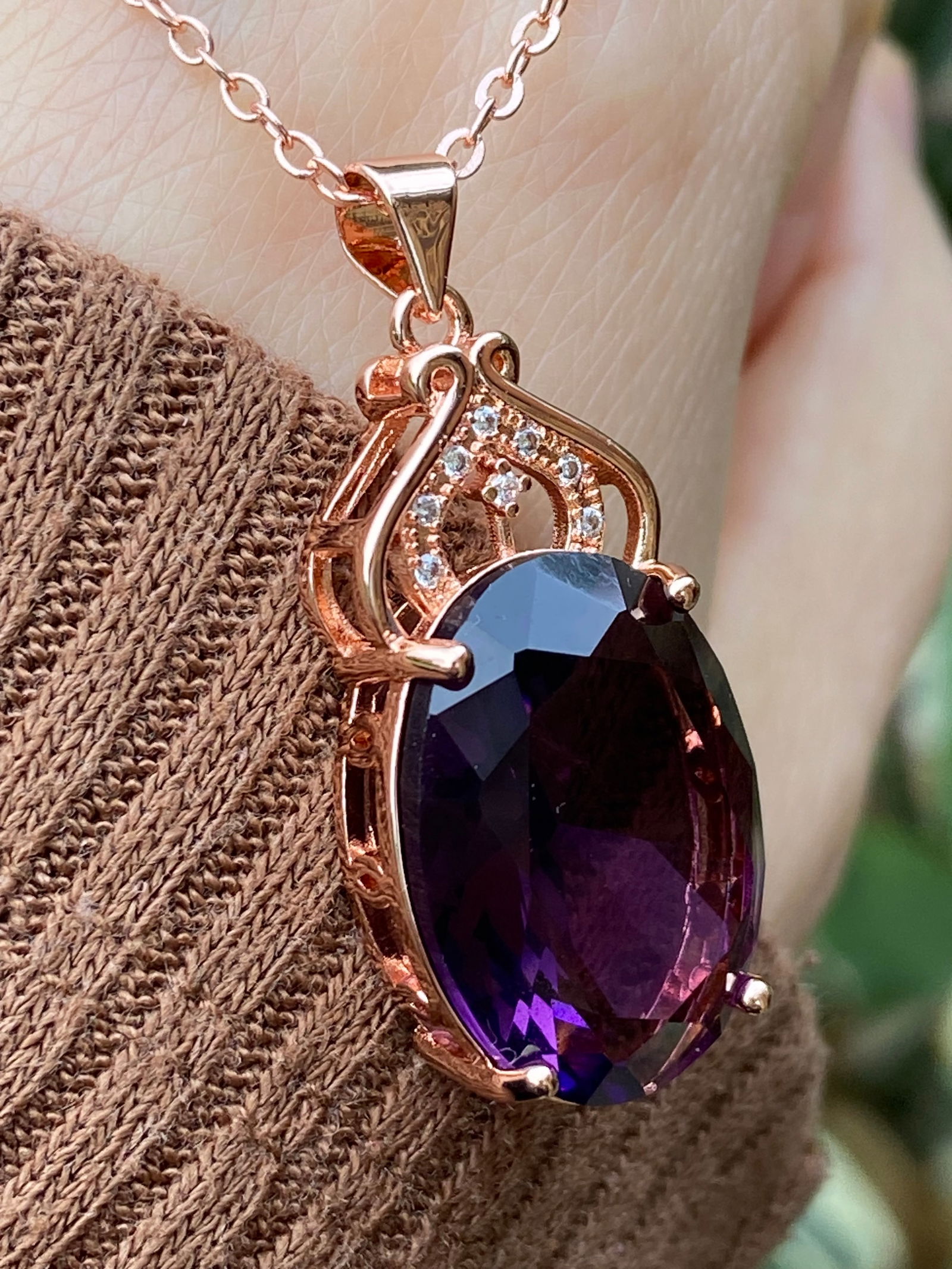 18k Rose Gold plated Gemstone Amethyst inlaid Moissanite Pendant Necklace - 5
