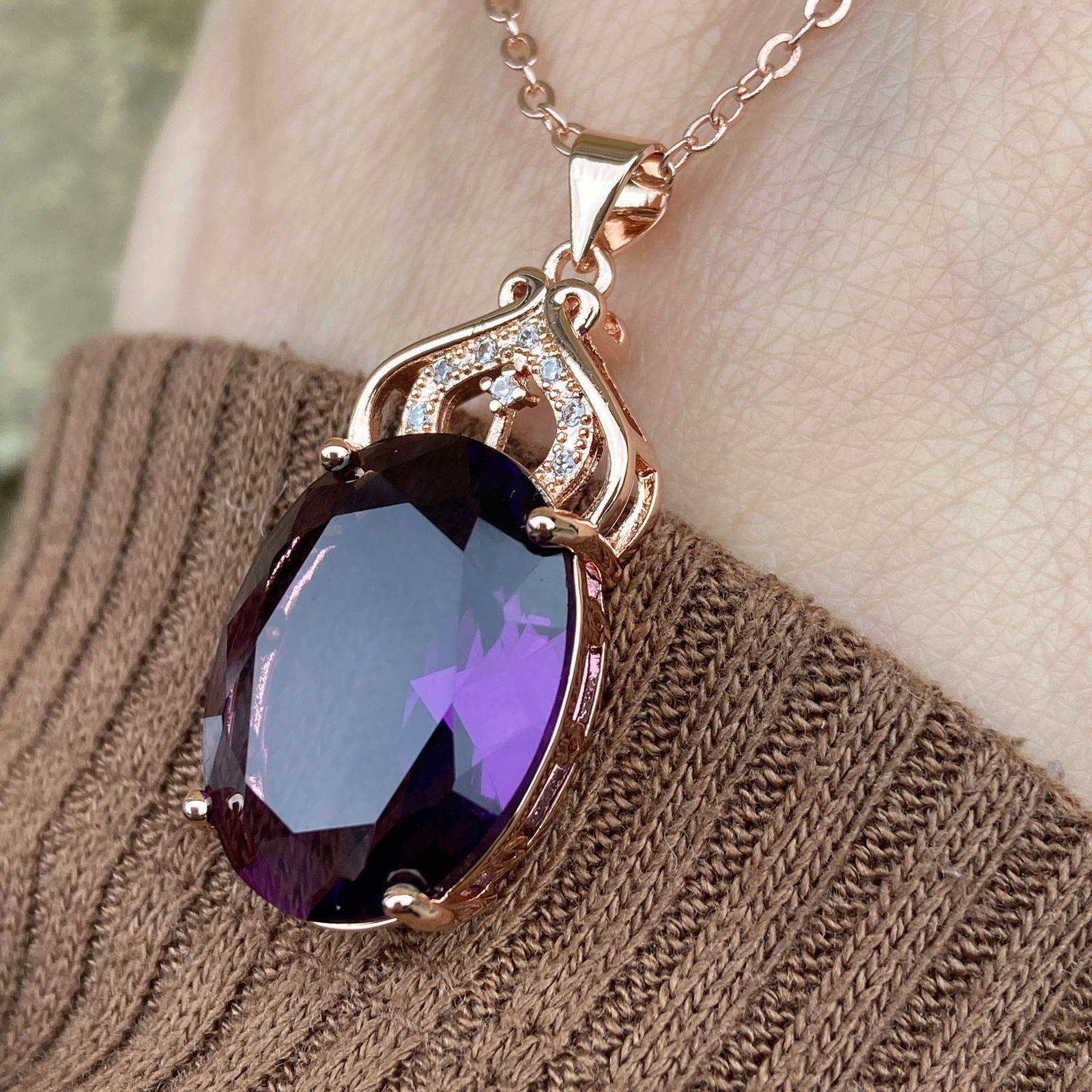 18k Rose Gold plated Gemstone Amethyst inlaid Moissanite Pendant Necklace - 6