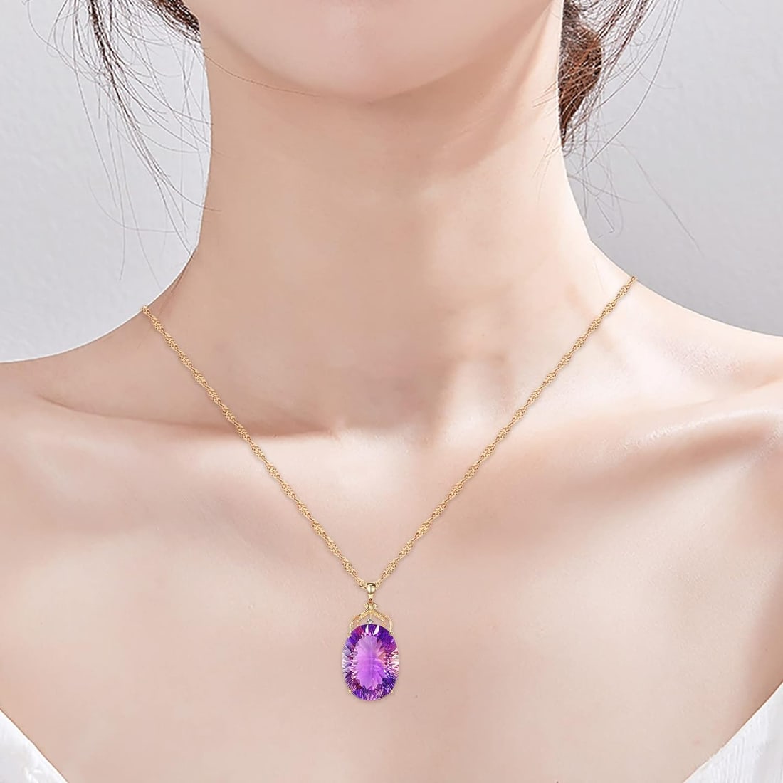 18k Rose Gold plated Gemstone Amethyst inlaid Moissanite Pendant Necklace - 7
