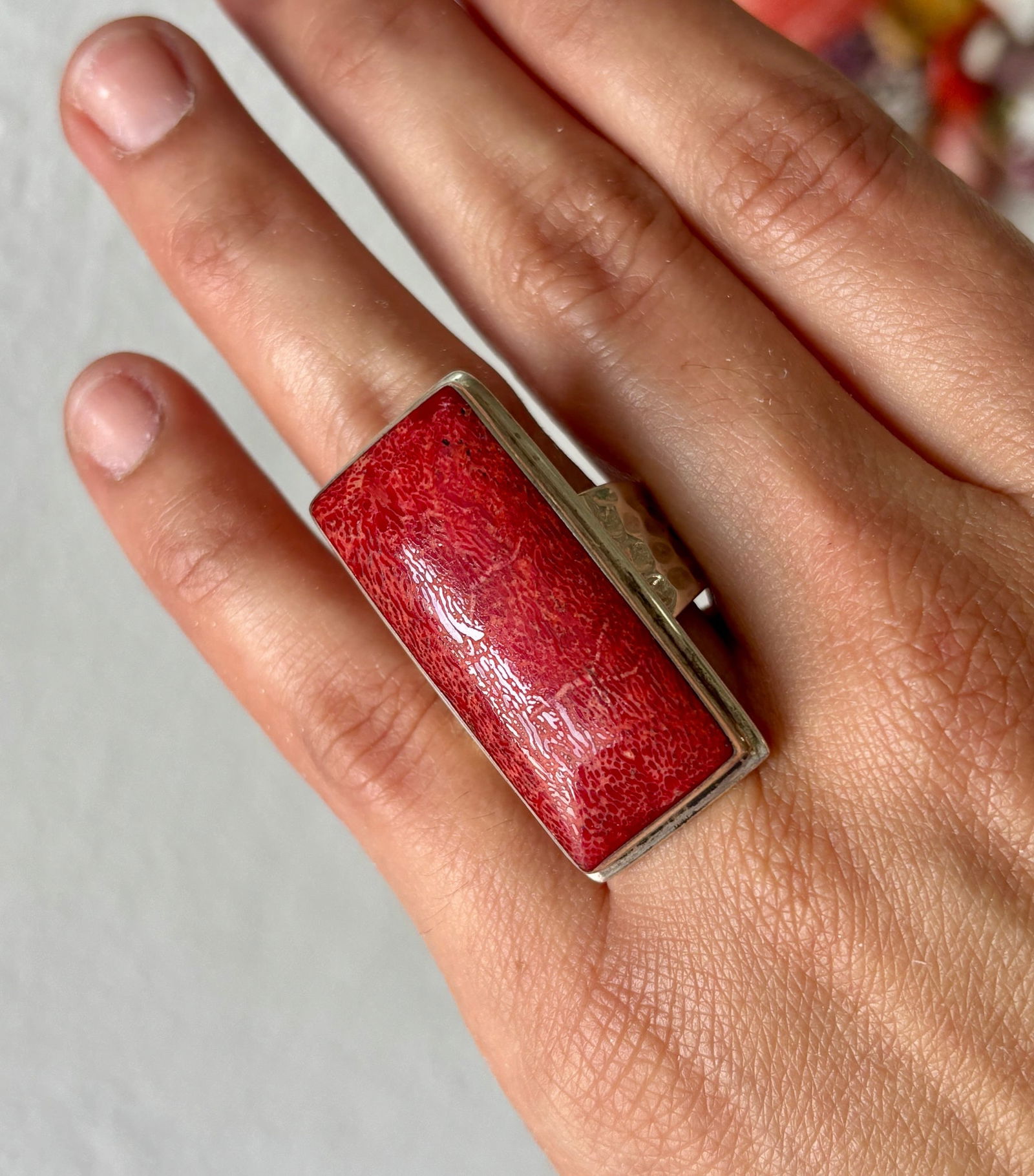 Contemporary Hammered, Coral Ring - 3