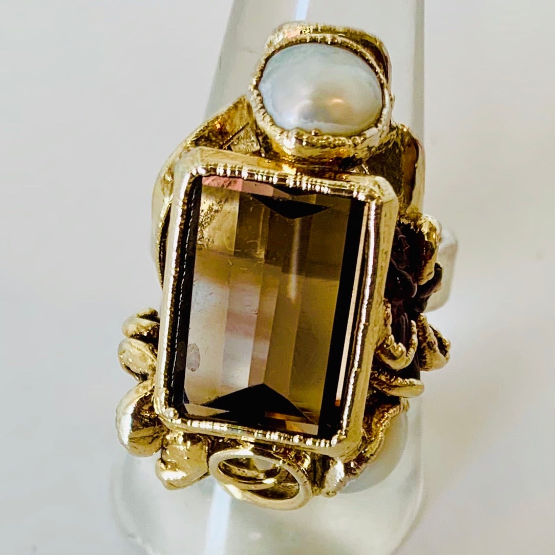 Pure Silver, Smoky Topaz and Pearl Ring - 2
