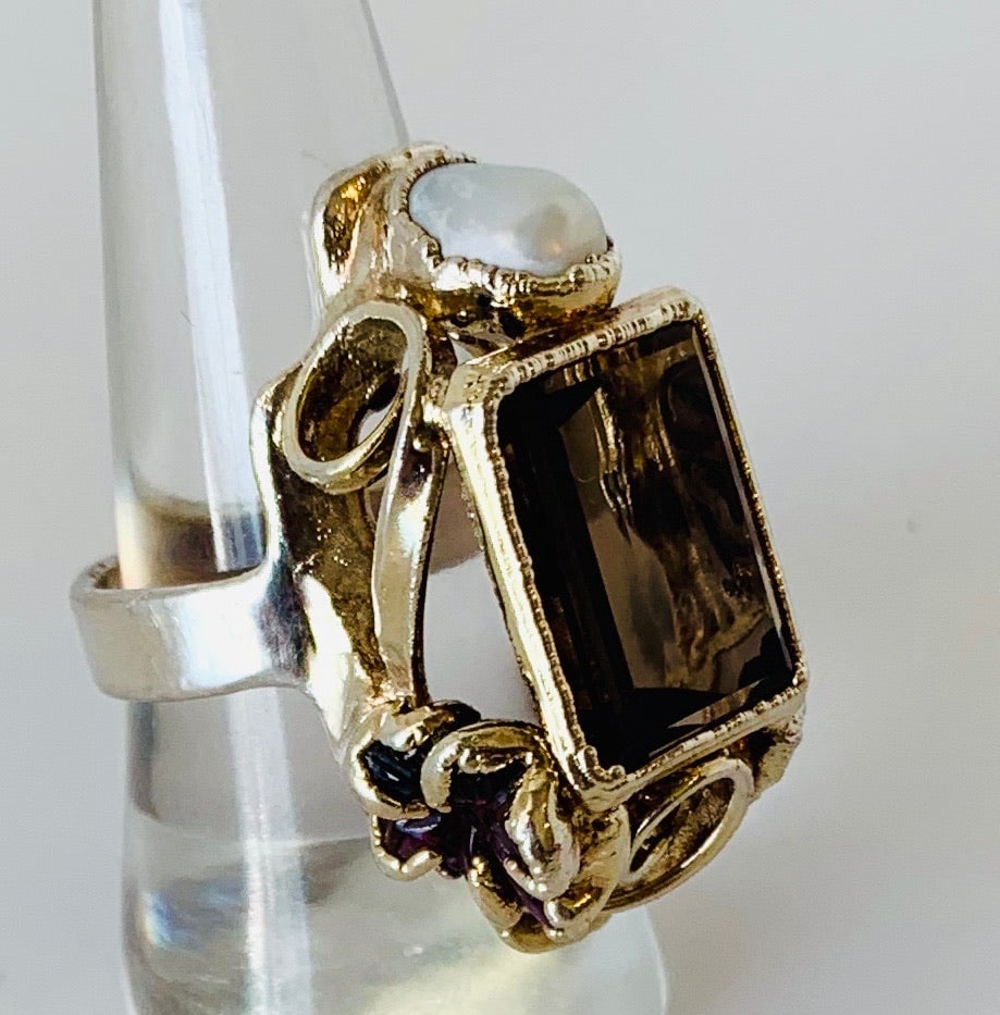 Pure Silver, Smoky Topaz and Pearl Ring - 3