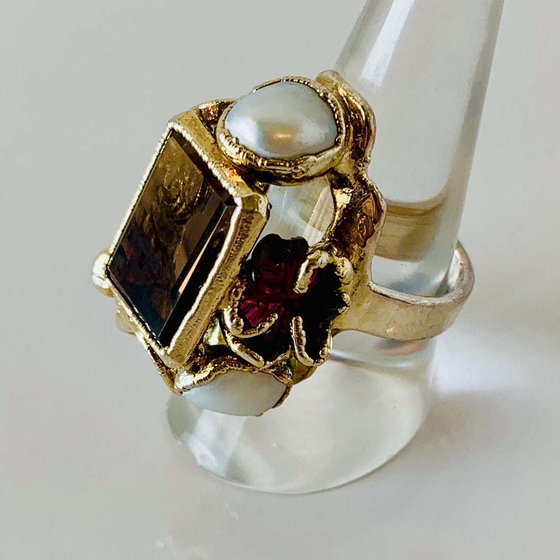 Pure Silver, Smoky Topaz and Pearl Ring - 4