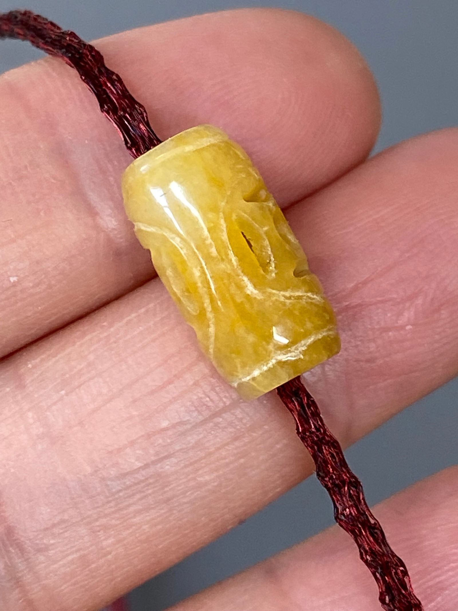 Antique Hand-Carved Yellow Jade Bead Pendant - 7