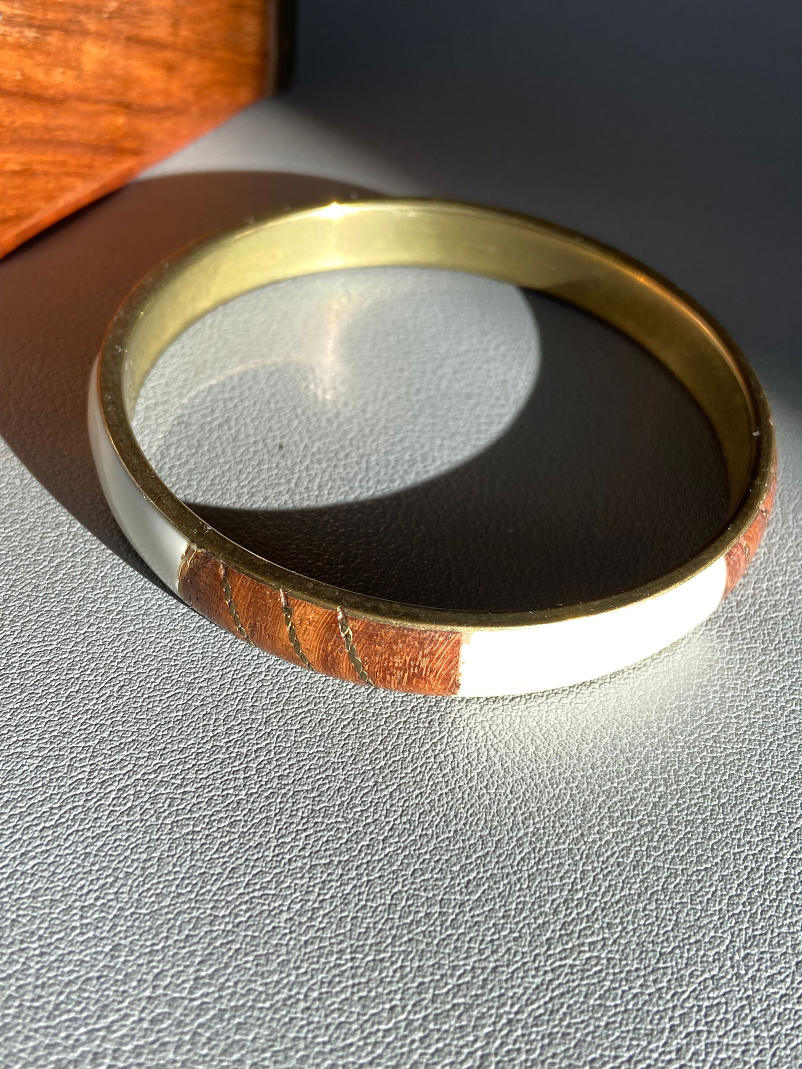 Vintage Rosewood Inlay Brass Bangle - 3