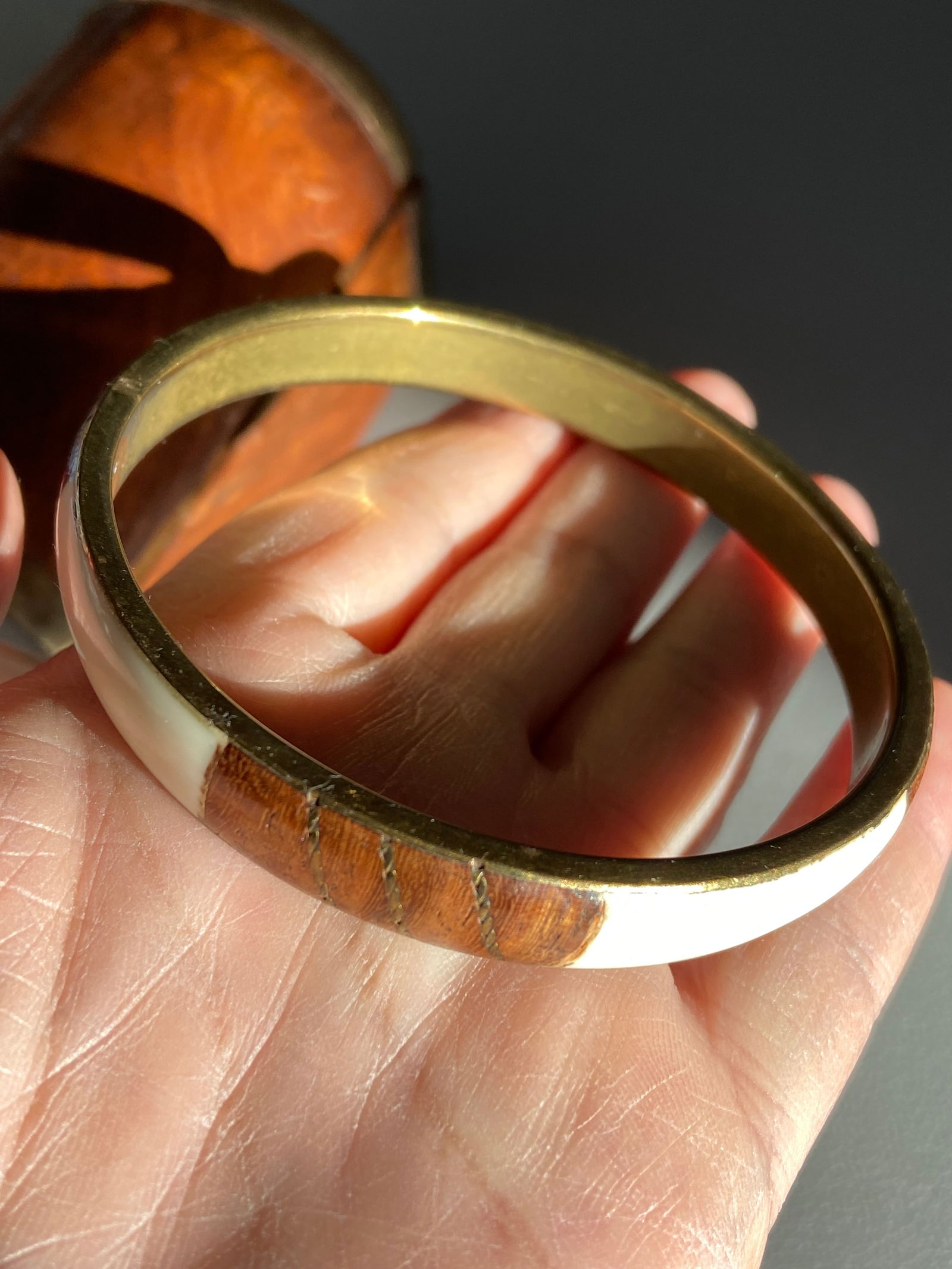 Vintage Rosewood Inlay Brass Bangle - 5