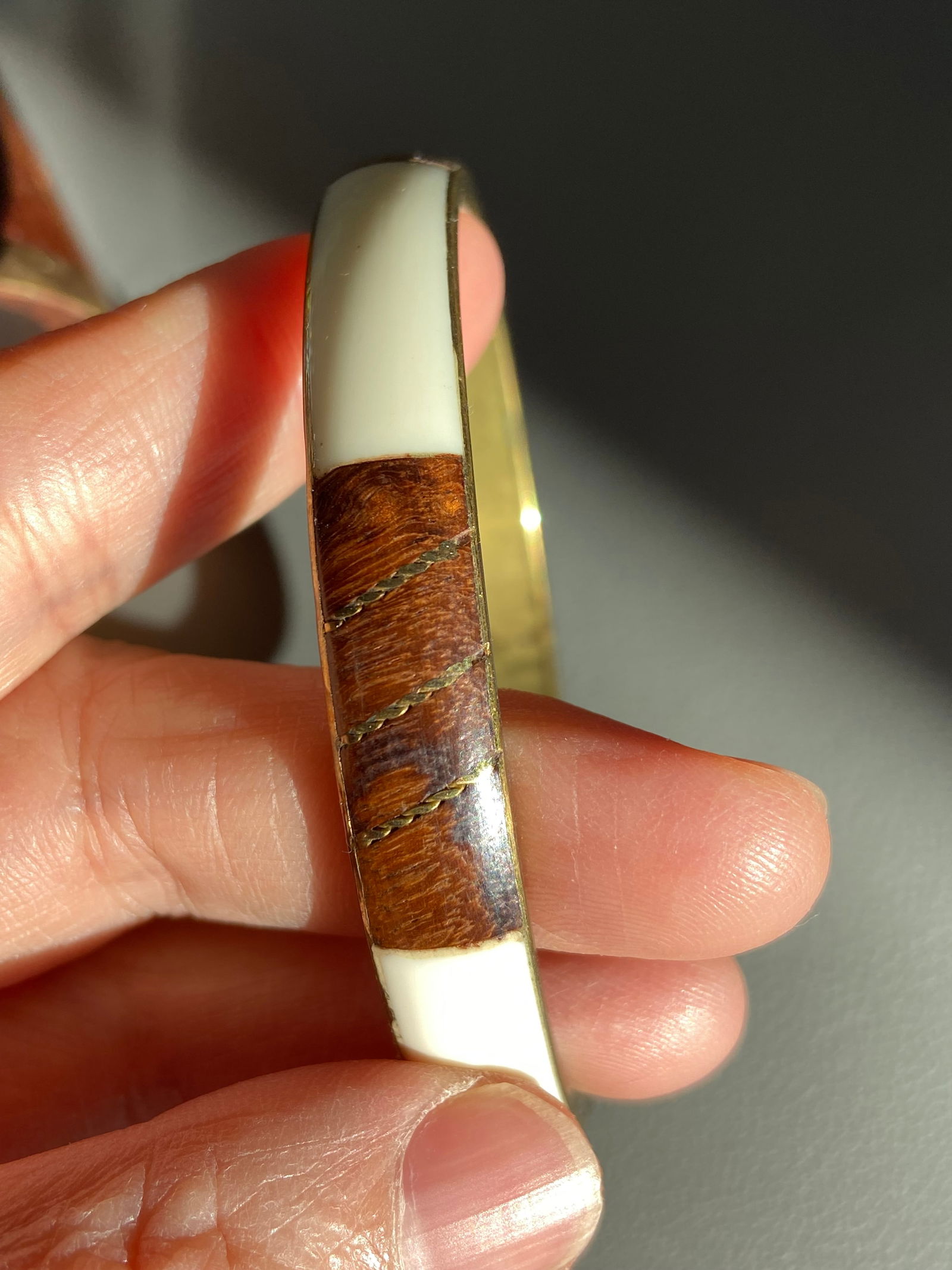 Vintage Rosewood Inlay Brass Bangle - 9