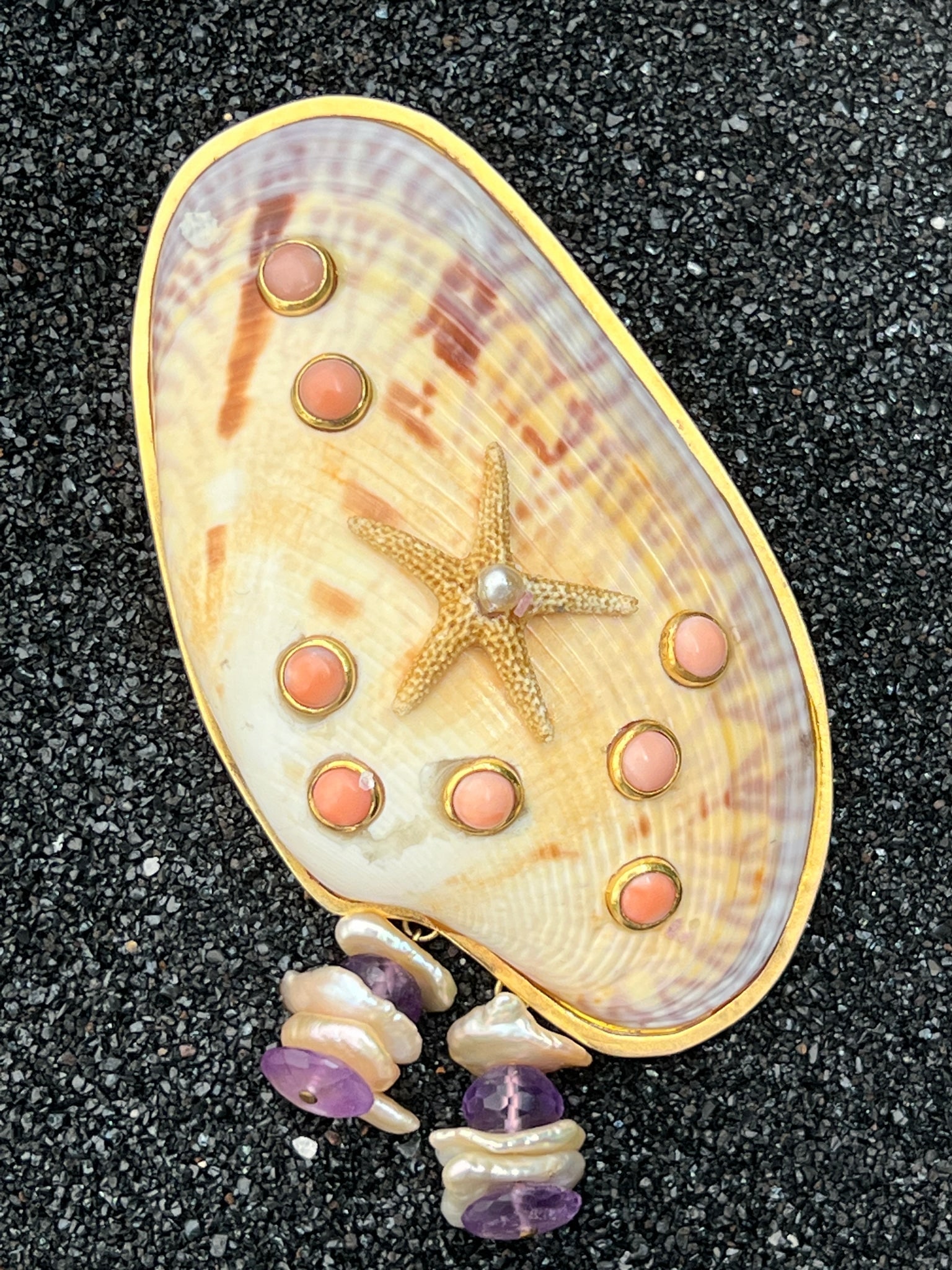 Callista Shell Brooch with Coral Cabochons and Seastar - 2