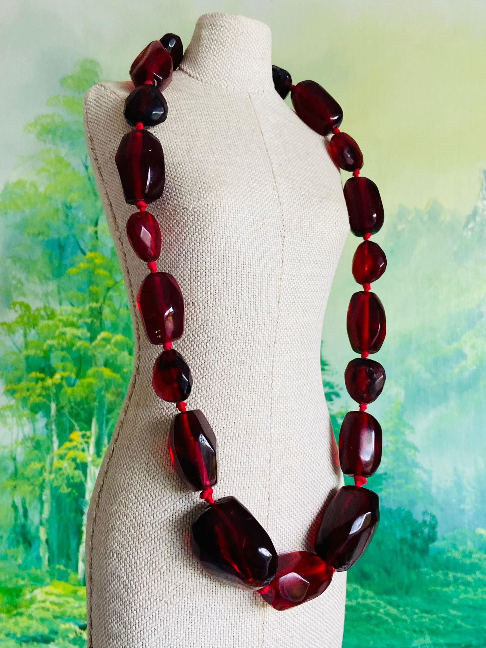 Vintage 1930s Celluloid Cherry Amber Graduated Faceted Bead Necklace – 56cm / 85g - 2