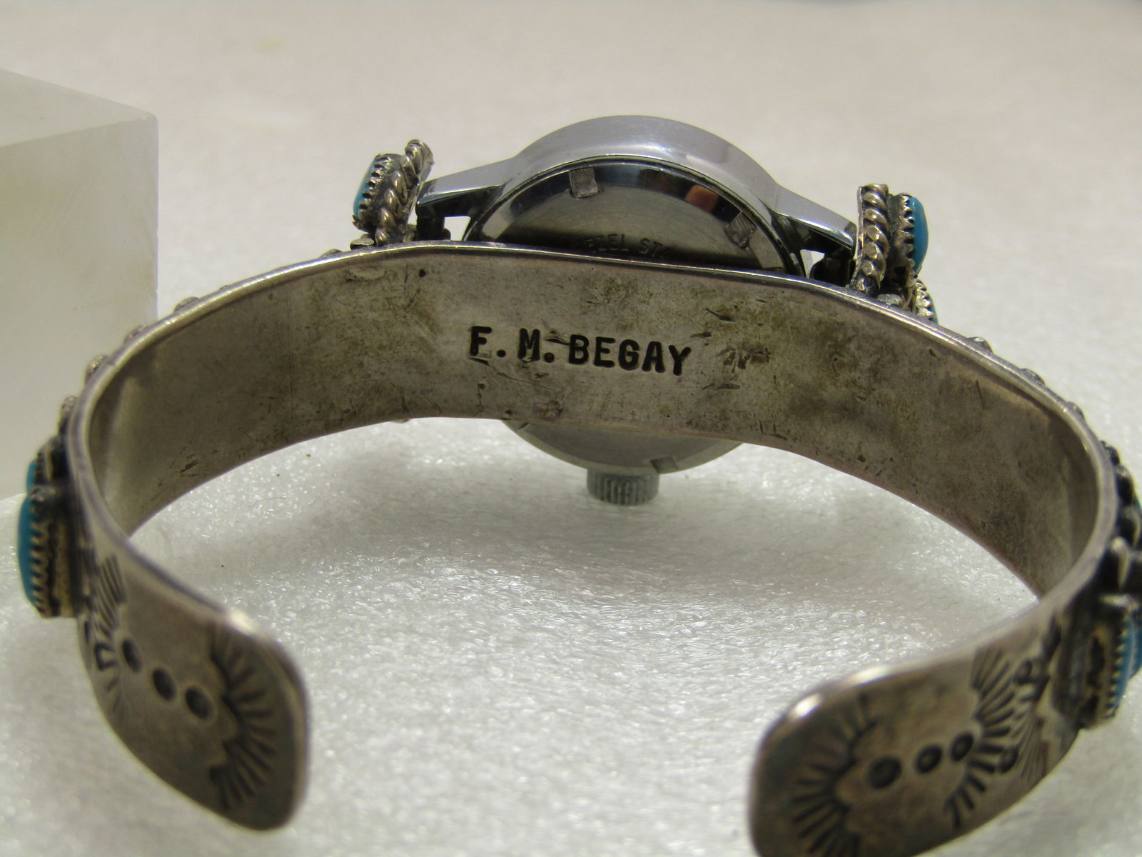 Vintage Sterling Turquoise Petit Point Navajo Ladies' Watch Cuff Bracelet, F. M. Begay, 1970's-After - 5