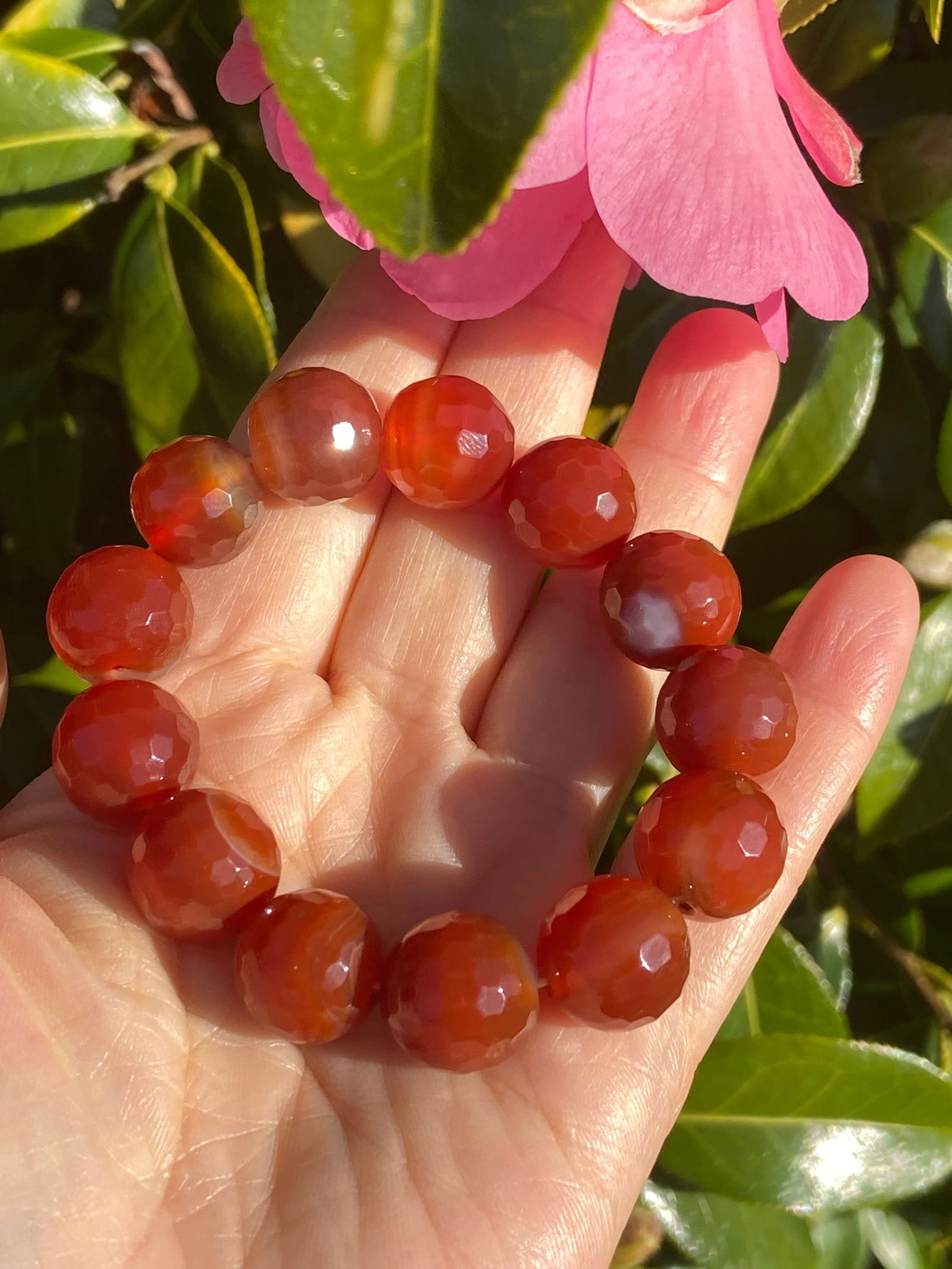 14mm Faceted Natural Carnelian Bead Bracelet - 6